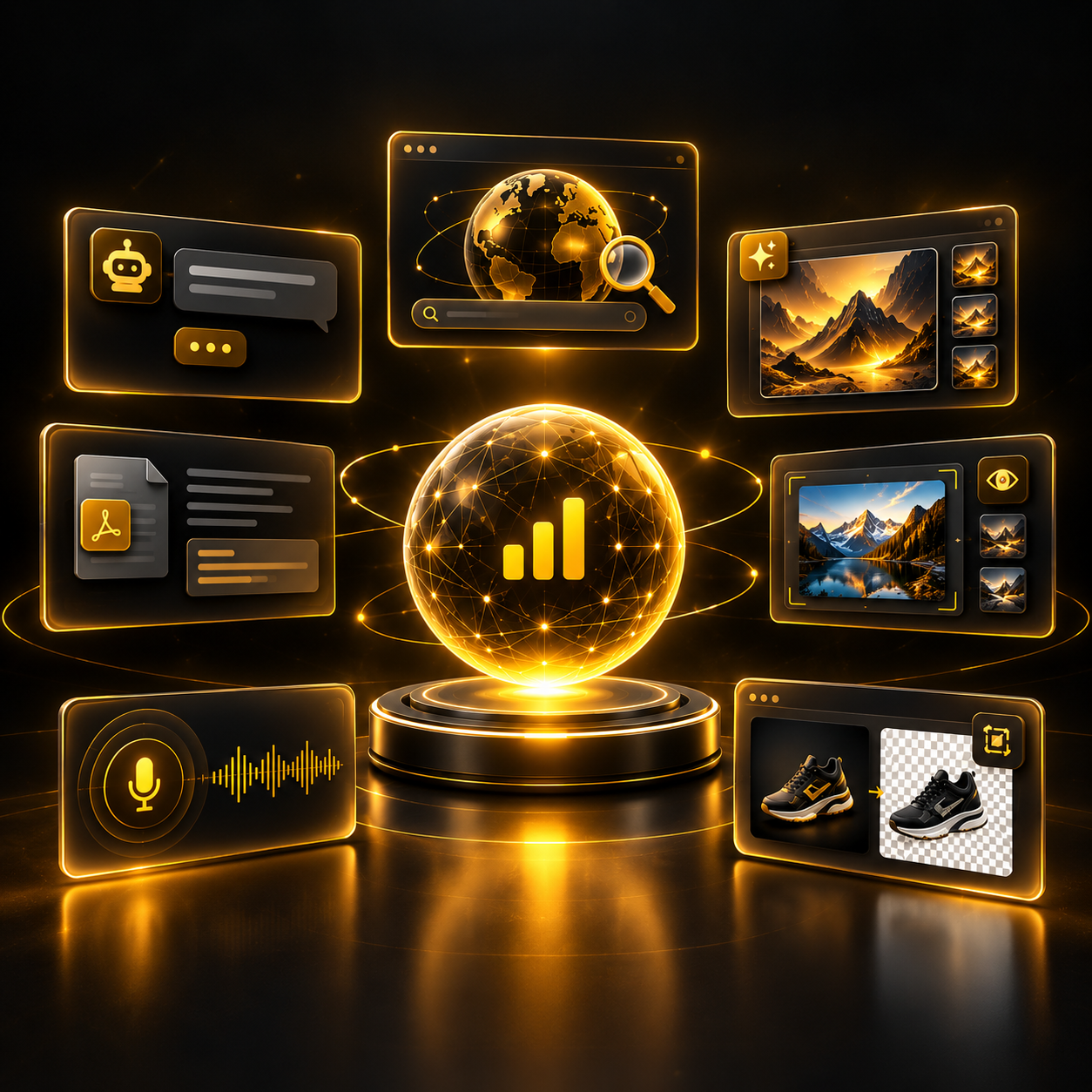 Nexora AI capabilities shown as glowing golden panels: chat, live web answers, image creation, file reading and voice
