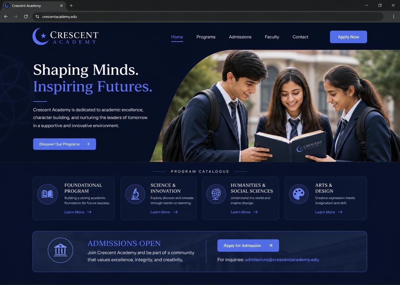 Crescent Academy website homepage designed by Abdul Maanay