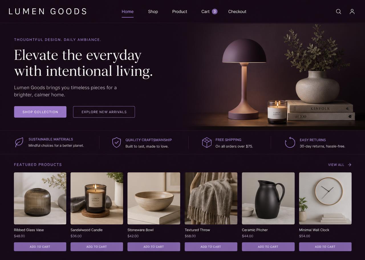 Lumen Goods website homepage designed by Abdul Maanay