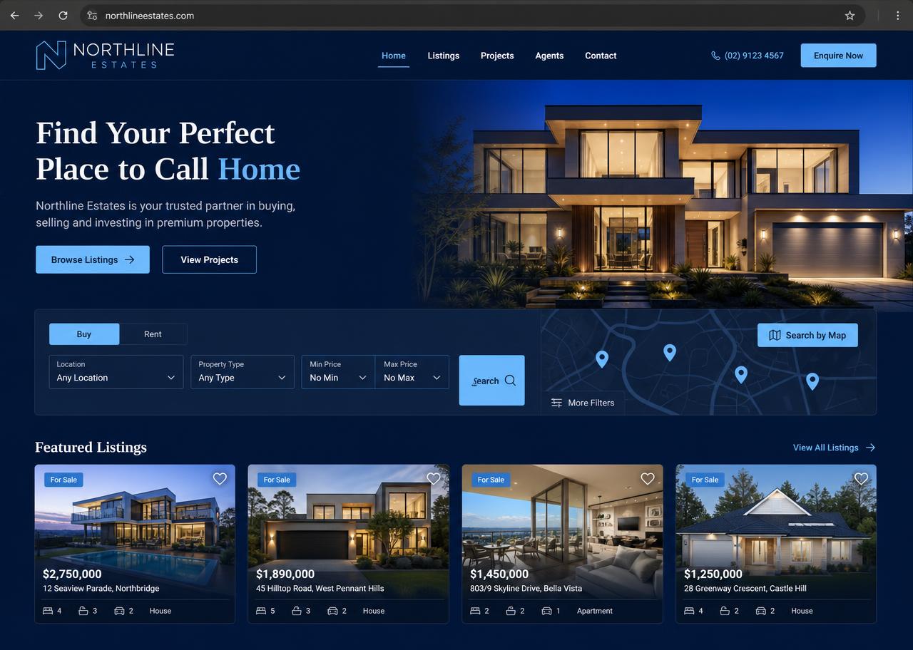 Northline Estates website homepage designed by Abdul Maanay